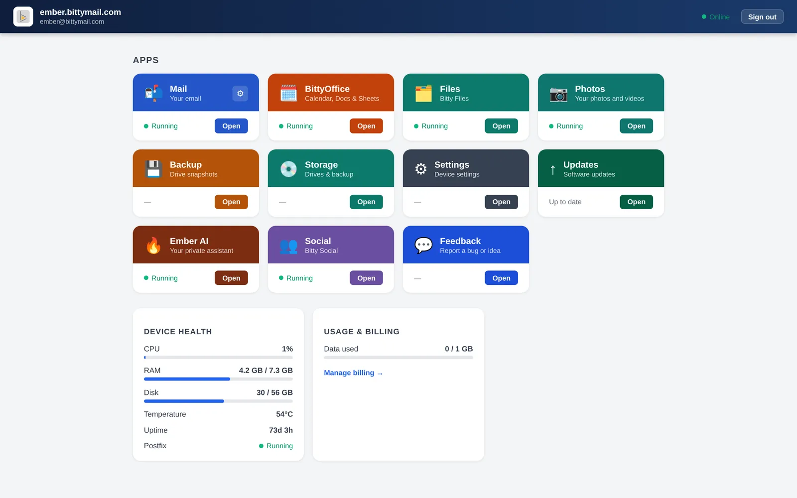 The Bitty dashboard at its own address