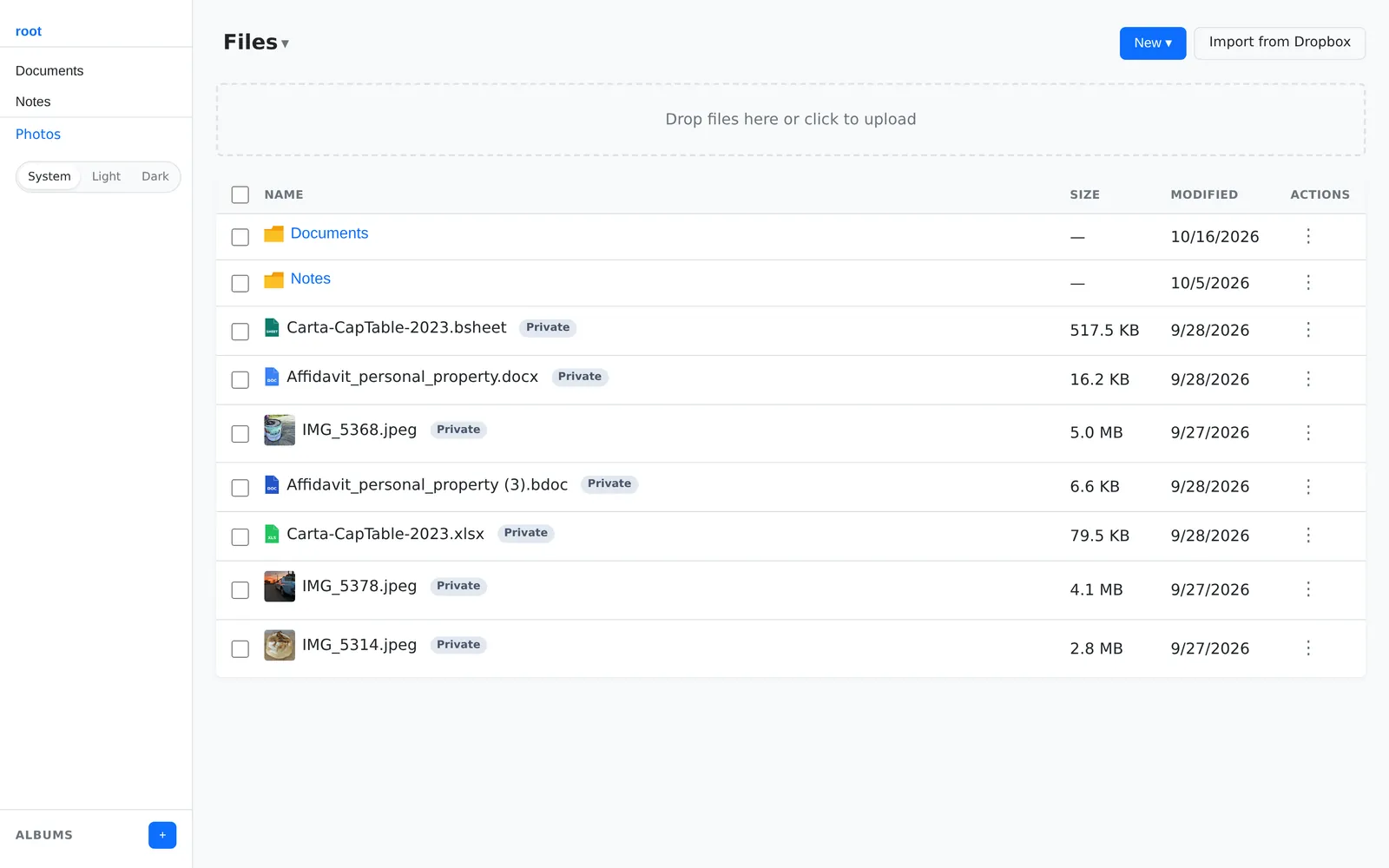 BittyFiles showing folders and documents